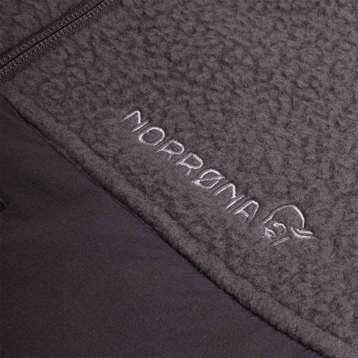 Norrona text logo on phantom grey fleece jacket