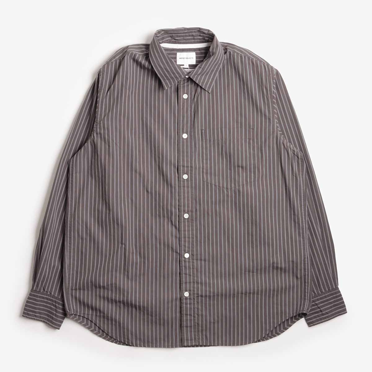 Norse Projects Algot Poplin Stripe Shirt, Graphite, Detail Shot 1