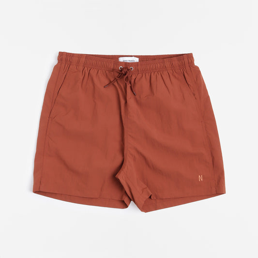 Norse Projects Hauge Recycled Nylon Swim Shorts, Red Ochre, Detail Shot 1
