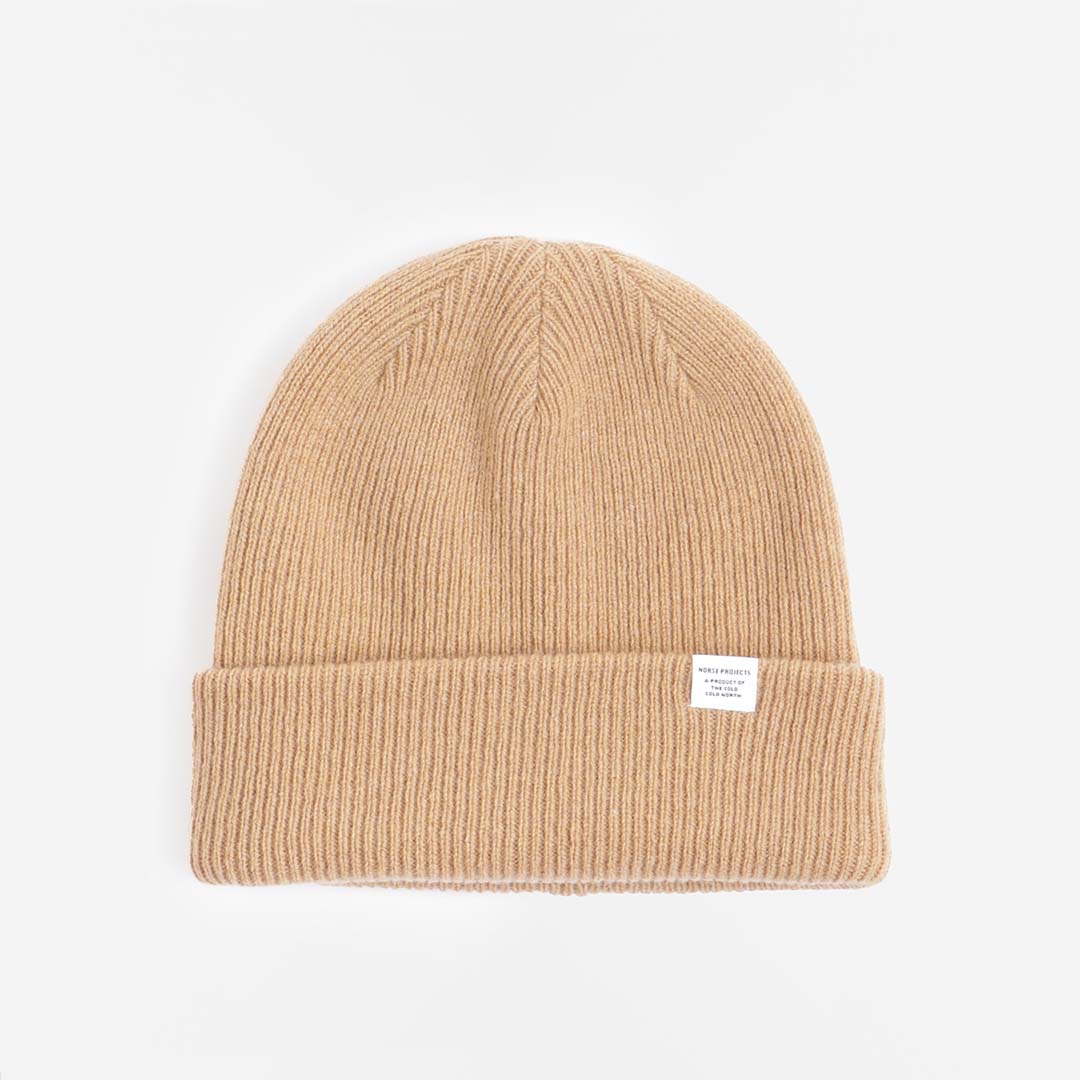 Norse Projects Merino Lambswool Beanie, Camel, Detail Shot 1