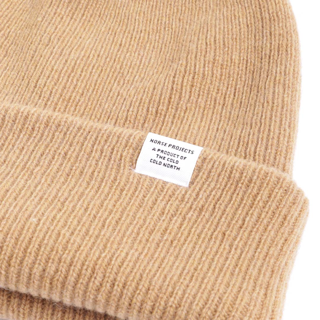 Norse Projects Merino Lambswool Beanie, Camel, Detail Shot 2