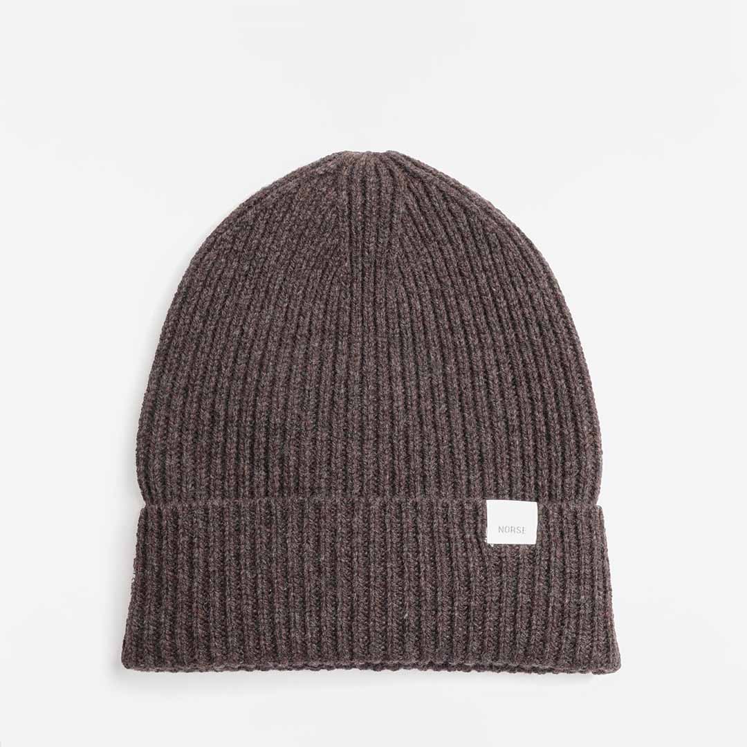 main Norse Projects Standard Merino Lambswool Beanie, Heathland Brown, Detail Shot 1