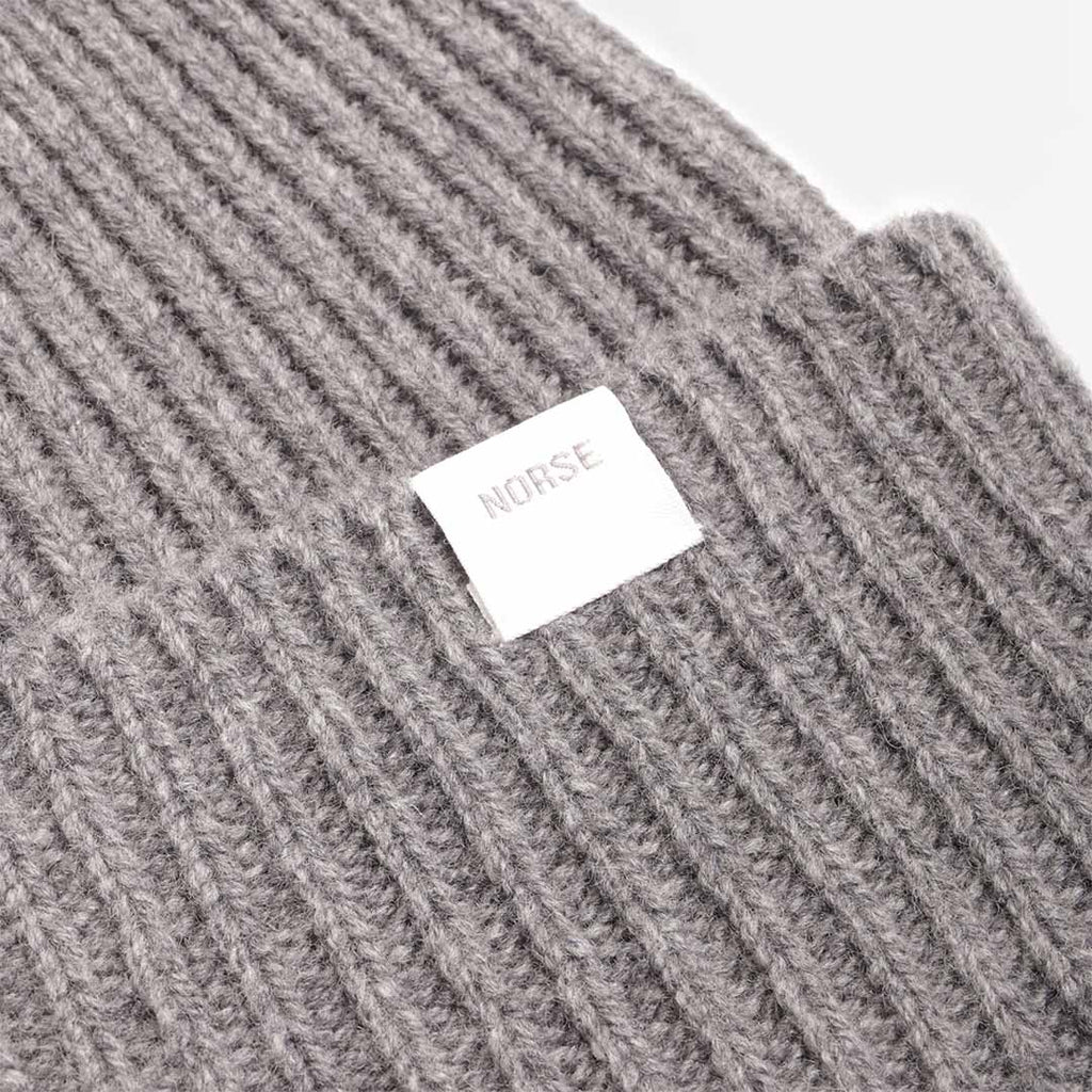 Norse Projects Standard Merino Lambswool Beanie, Grey Melange, Detail Shot 2
