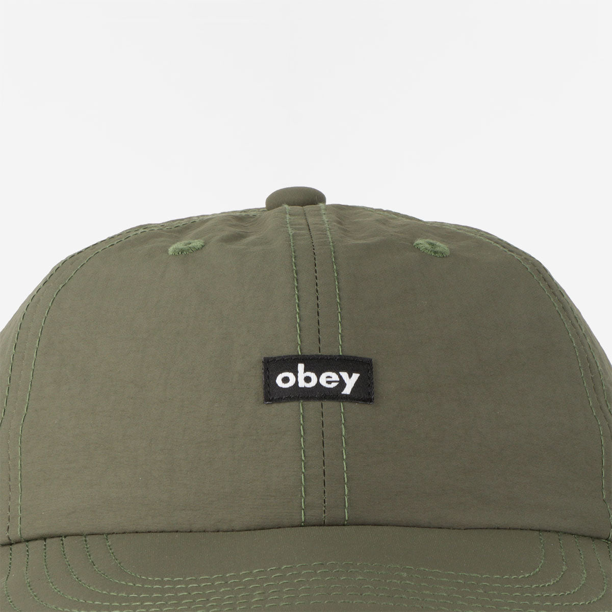 OBEY Lowercase Nylon 6 Panel Strapback Cap, Moss Green, Detail Shot 2