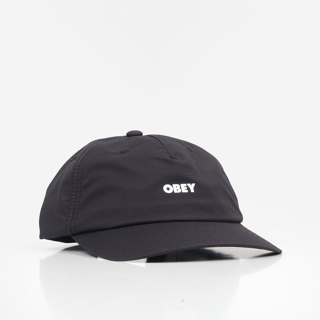 OBEY Miles 5 Panel Strapback Cap, Black, Detail Shot 1