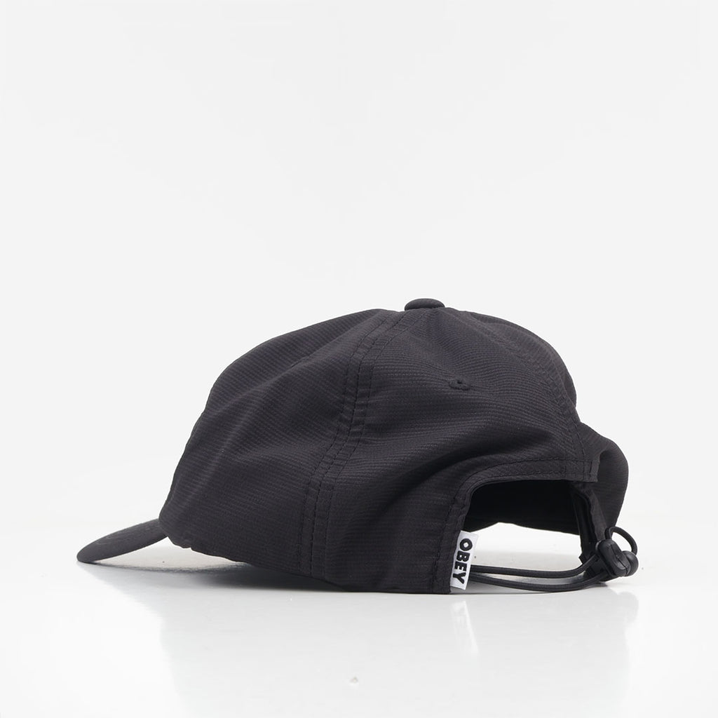 OBEY Miles 5 Panel Strapback Cap, Black, Detail Shot 3