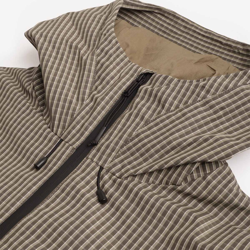 Hood and zip pull detail, green check jacket