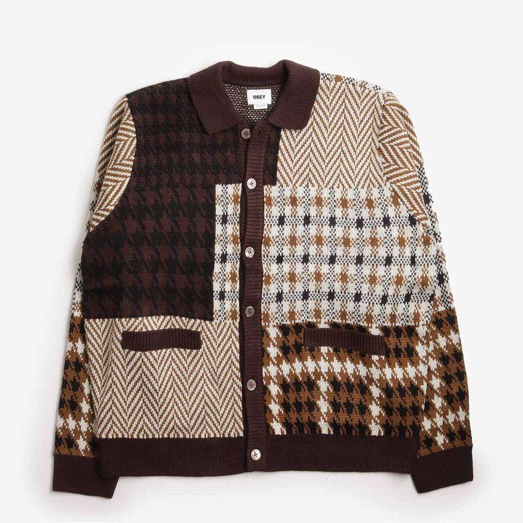 OBEY Patchwork Cardigan, Brown Multi, Detail Shot 1