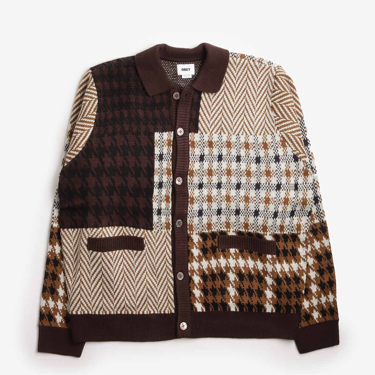 OBEY Patchwork Cardigan, Brown Multi, Detail Shot 1