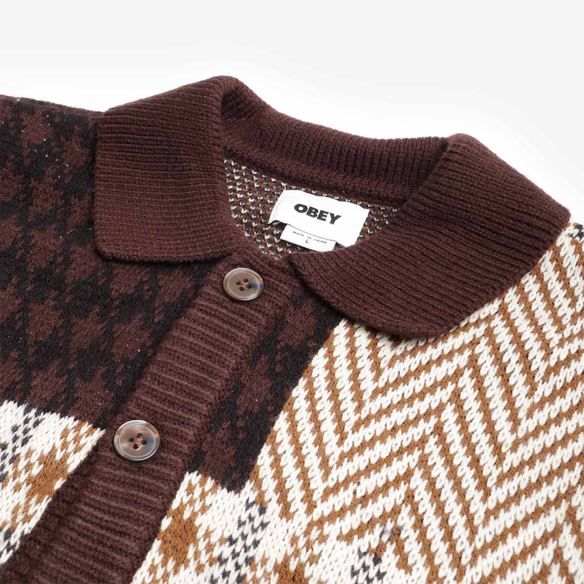 OBEY Patchwork Cardigan, Brown Multi, Detail Shot 3