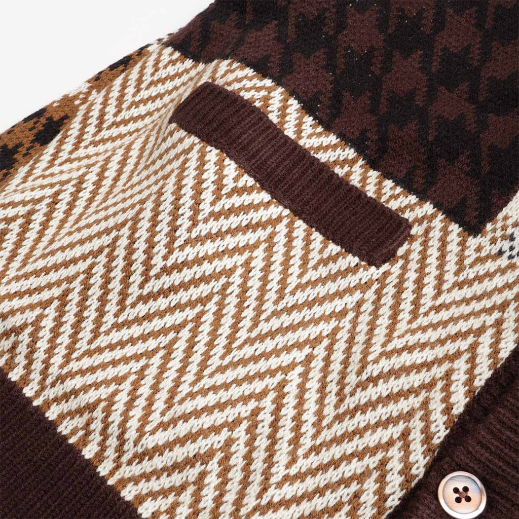OBEY Patchwork Cardigan, Brown Multi, Detail Shot 5