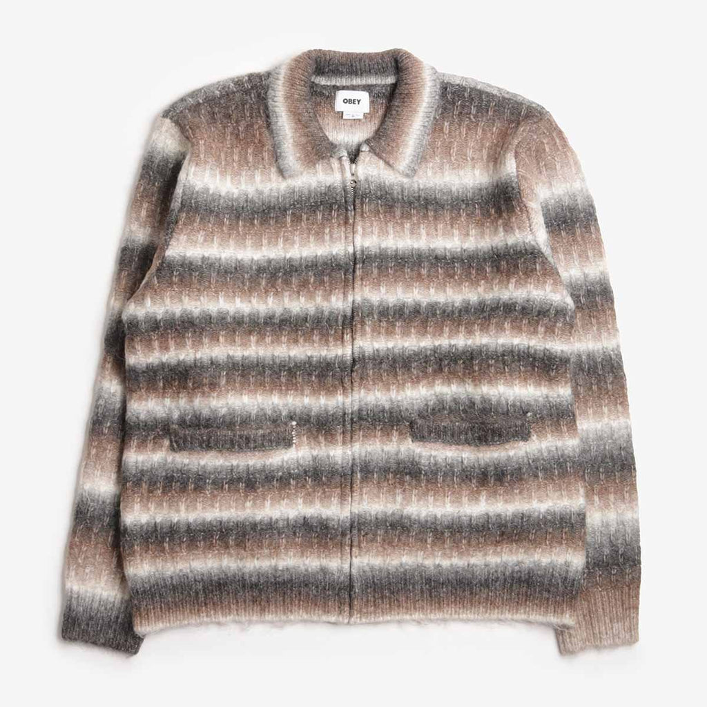 OBEY Reggie Zip Up Cardigan, Black Multi, Detail Shot 1