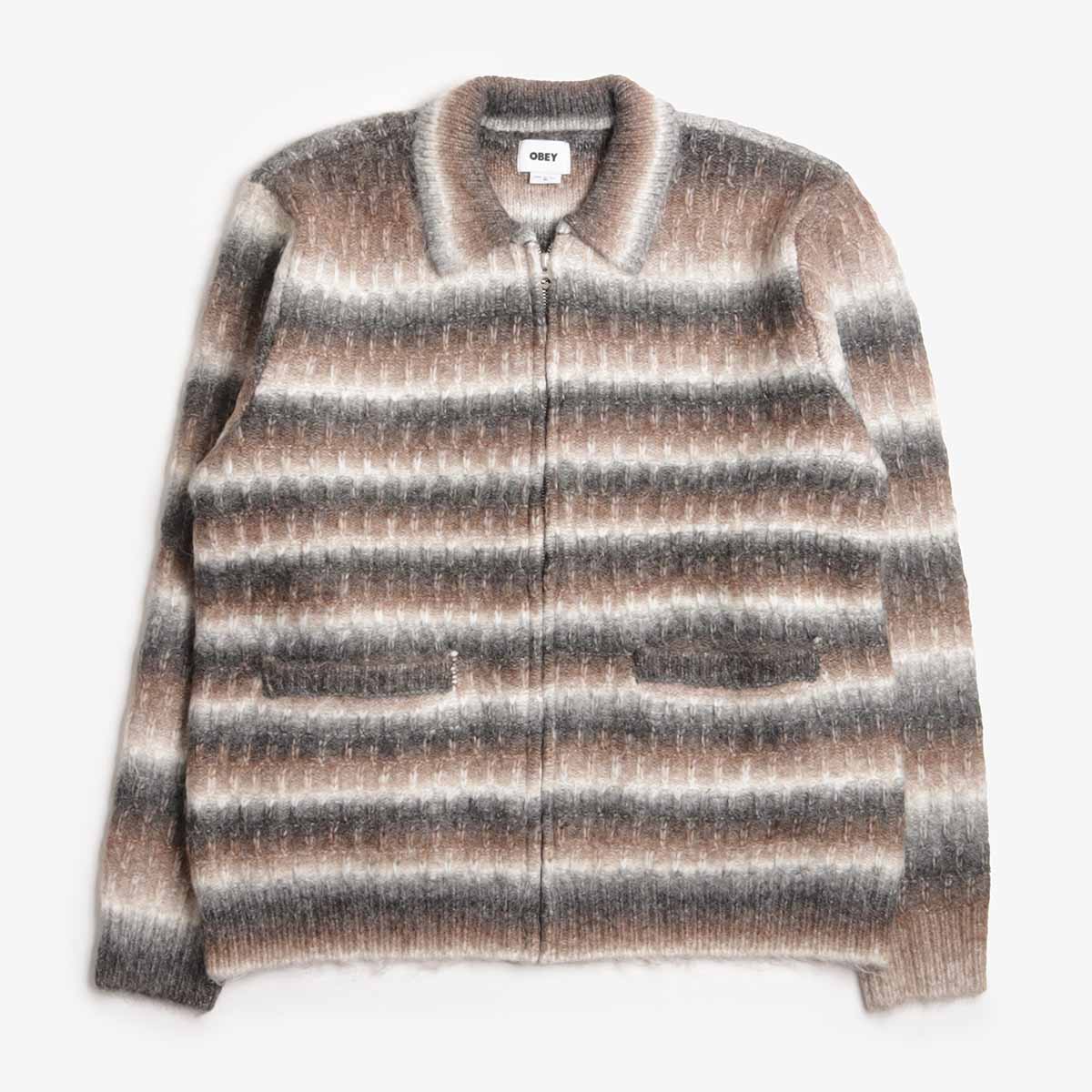 OBEY Reggie Zip Up Cardigan, Black Multi, Detail Shot 1