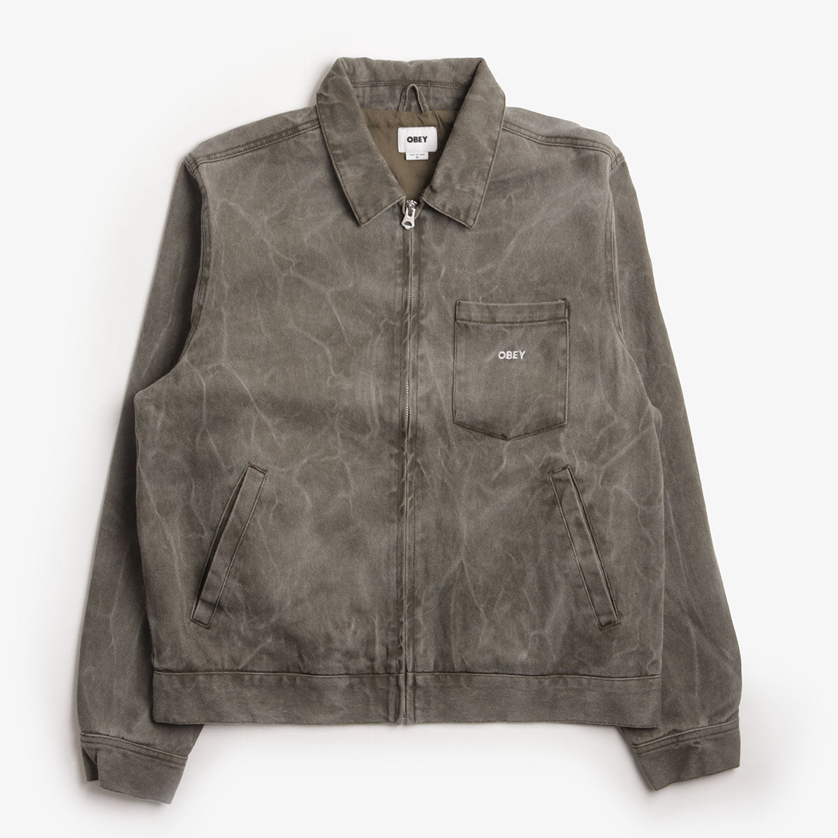 main OBEY Workman Zip Jacket, Black Olive Wrinkle Wash, Detail Shot 1