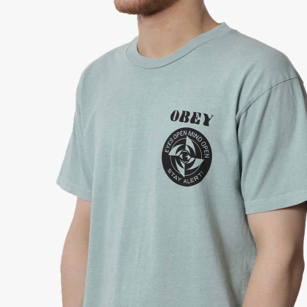 OBEY Stay Alert T-Shirt, Pigment Surf Spray, Detail Shot 3