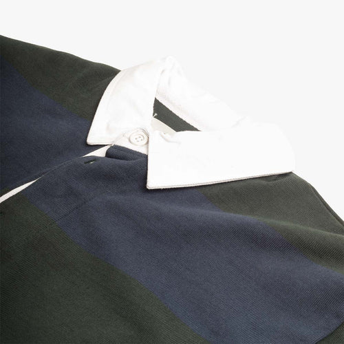 White rugby collar and button placket, hooped Opensider rugby shirt