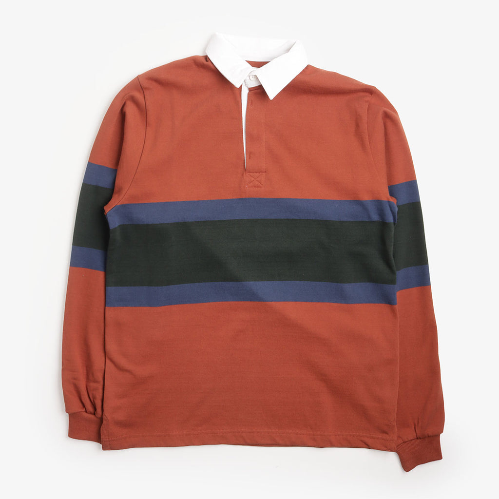 Opensider Classic Rugby Shirt in Clay Tri Stripe, front view