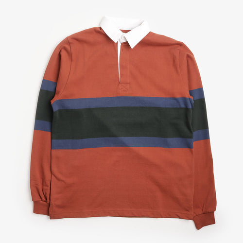 Opensider Classic Rugby Shirt in Clay Tri Stripe, front view