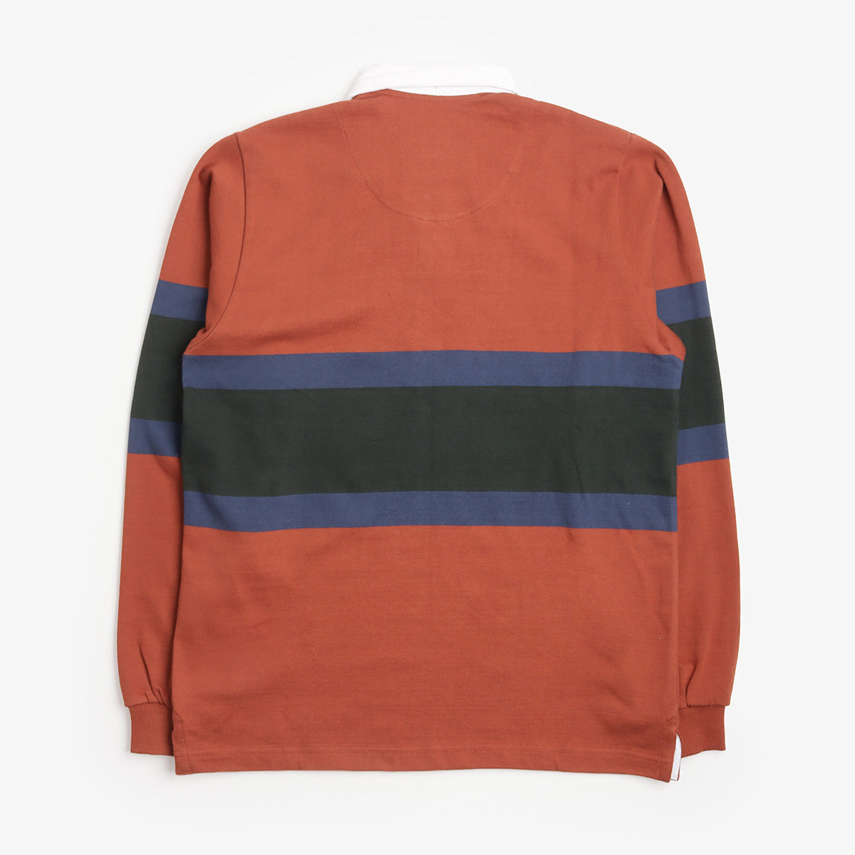 Opensider Classic Rugby Shirt in Clay Tri Stripe, back view