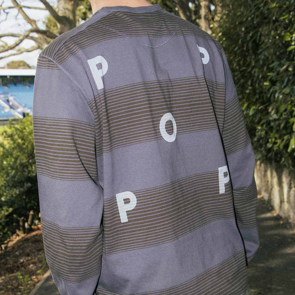 Pop Trading Company Striped Logo Long Sleeve T-Shirt, Charcoal Delicios, Detail Shot 6