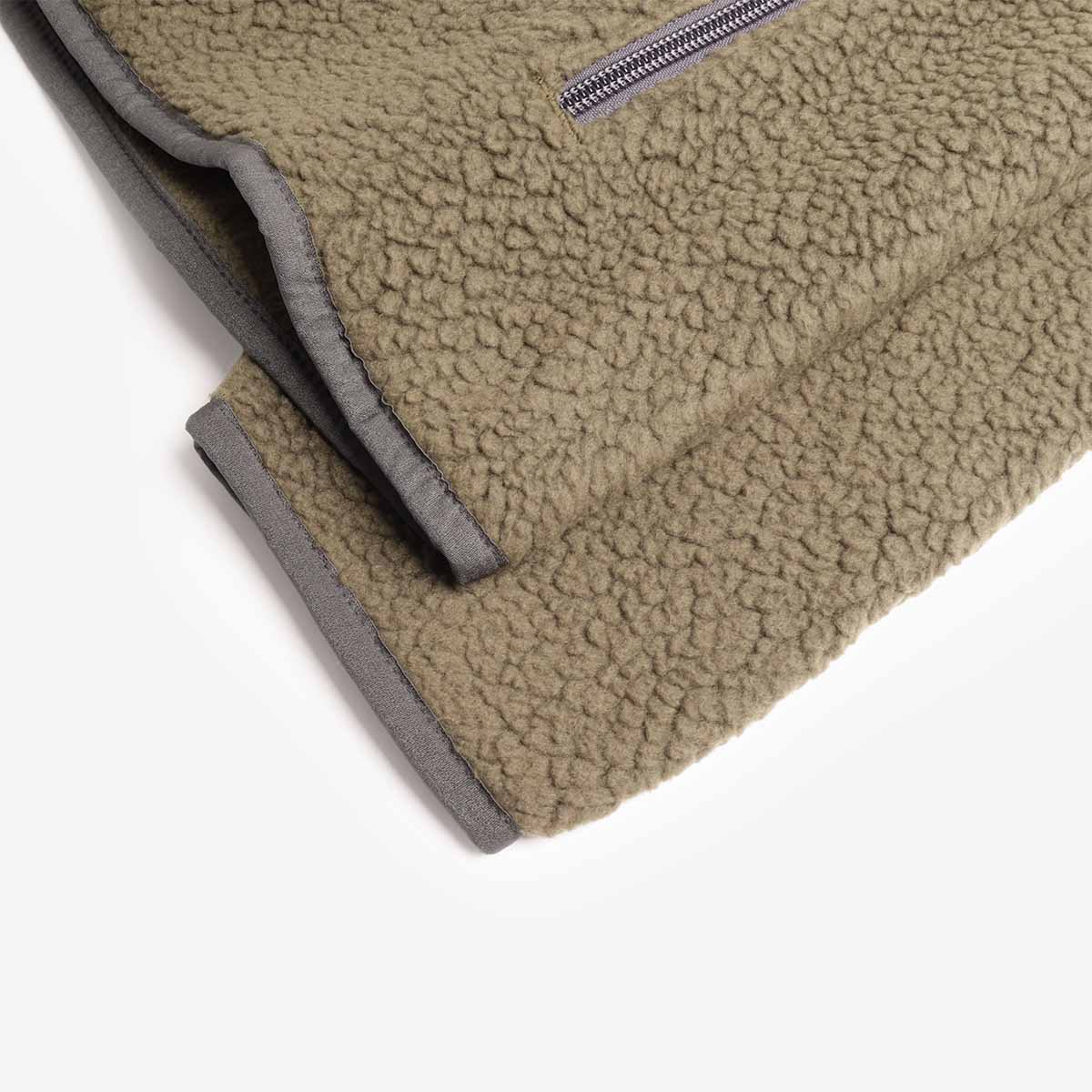 Grey-bound hem on olive high-pile fleece, Patagonia