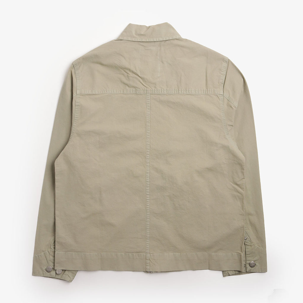 Pexwear Mechanics Jacket in Faun Green Ripstop — back view showing yoke and triple-stitched seams