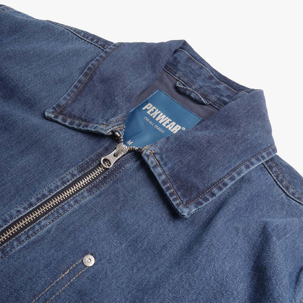 Pexwear Mechanics Jacket in Mid Blue Denim — close-up of the rigid denim fabric weave and stitching