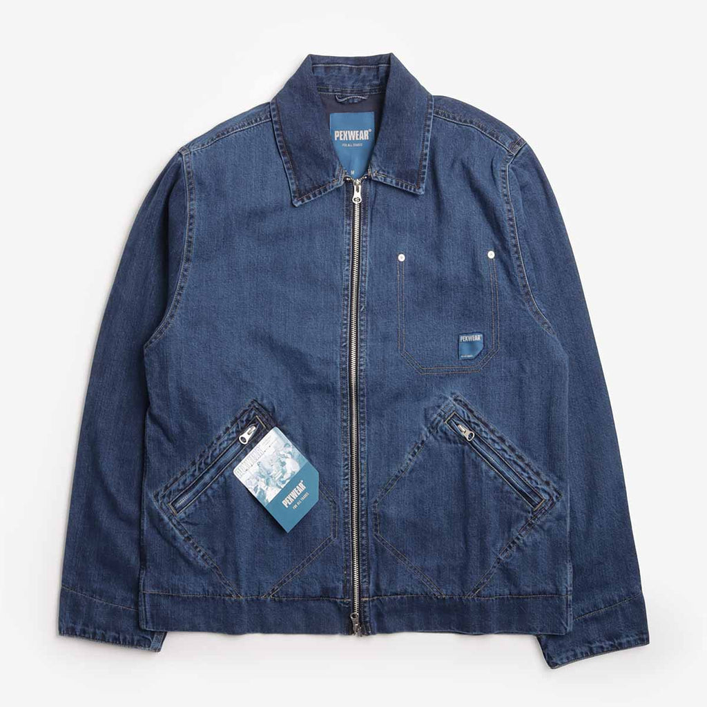 Pexwear Mechanics Jacket in Mid Blue Denim — front view on white background, Urban Industry