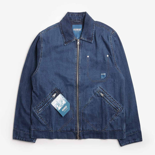 Pexwear Mechanics Jacket in Mid Blue Denim — front view on white background, Urban Industry