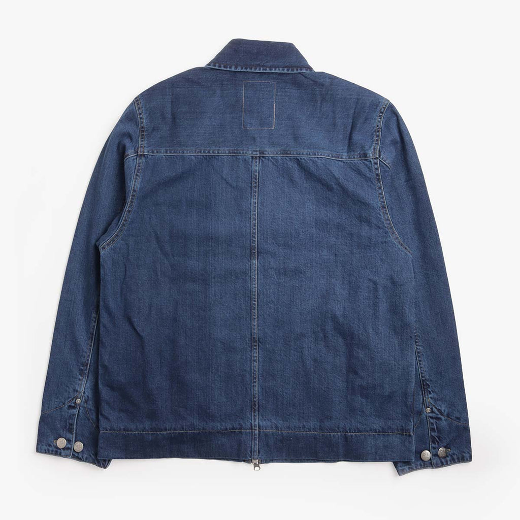 Pexwear Mechanics Jacket in Mid Blue Denim — back view showing yoke and triple-stitched seams