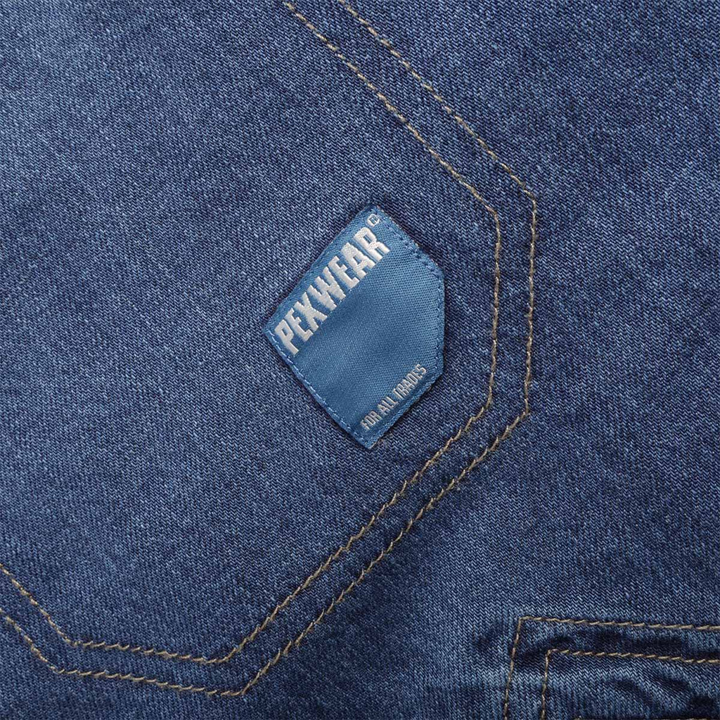 Pexwear Mechanics Jacket in Mid Blue Denim — front pocket and metal hardware close-up