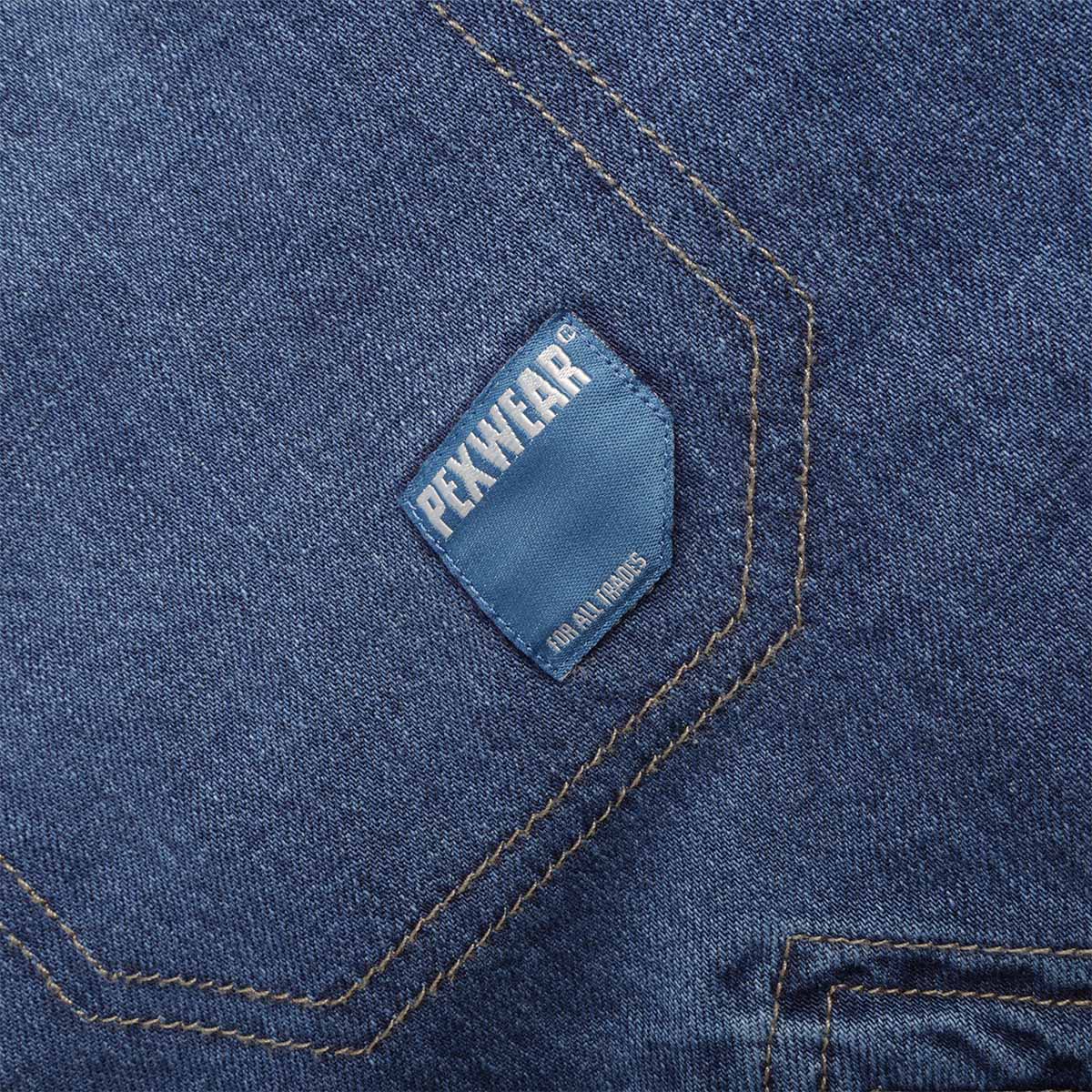 Pexwear Mechanics Jacket in Mid Blue Denim — front pocket and metal hardware close-up