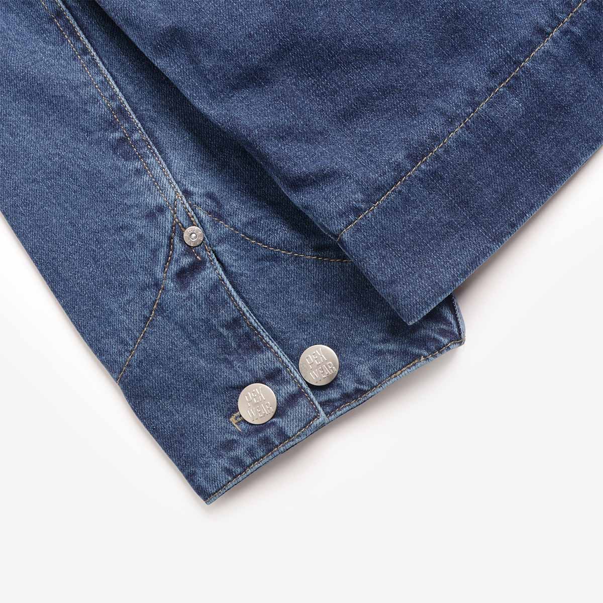 Pexwear Mechanics Jacket in Mid Blue Denim — styled on model in a workwear setting, Urban Industry