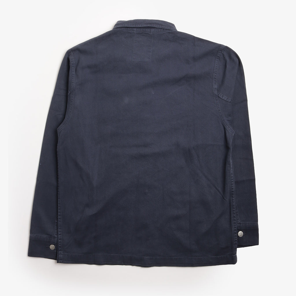 Pexwear Tradesman Jacket in Blue Twill — back view showing yoke and triple-stitched seams