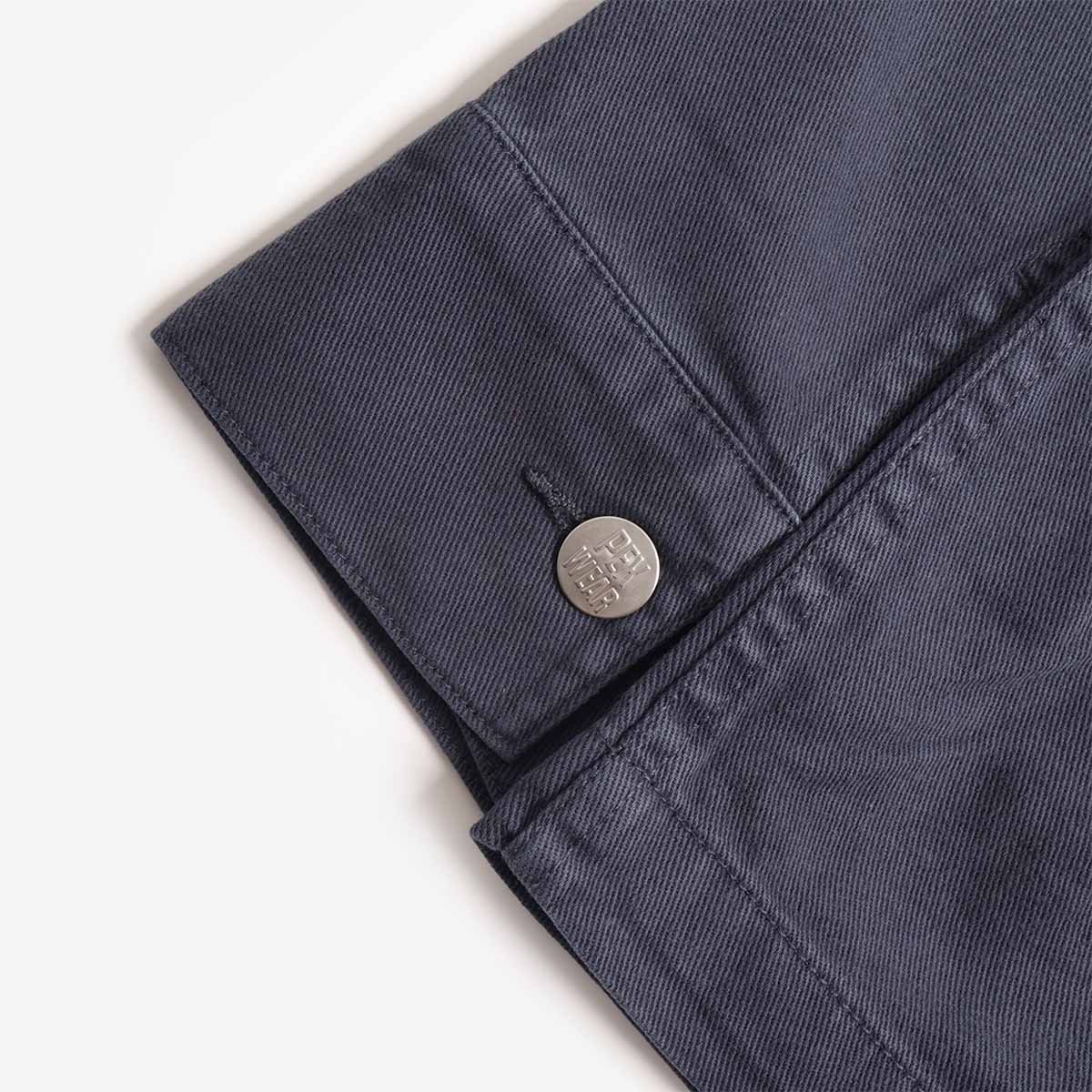 Pexwear Tradesman Jacket in Blue Twill — front pocket and metal hardware close-up