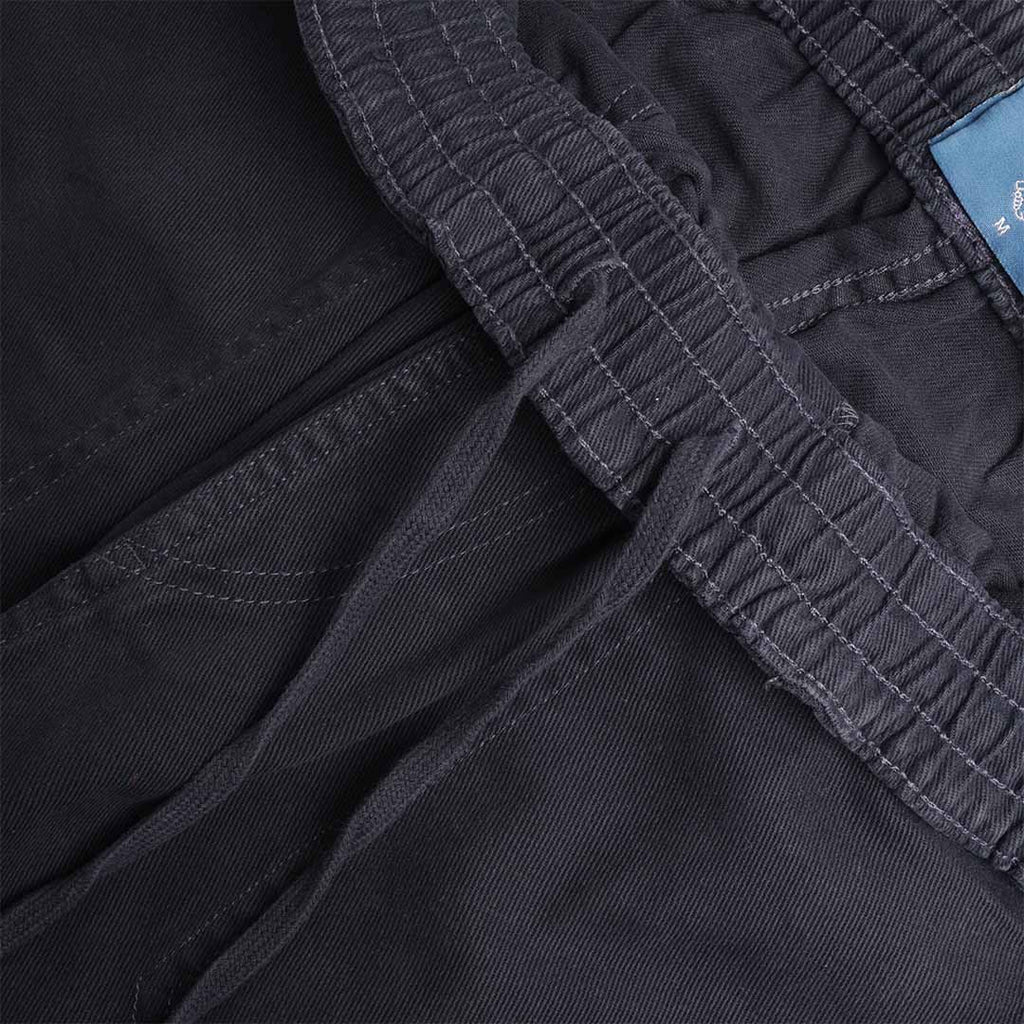 Pexwear Chefs Trousers in Deep Navy Twill — close-up of the heavyweight cotton twill fabric weave and stitching