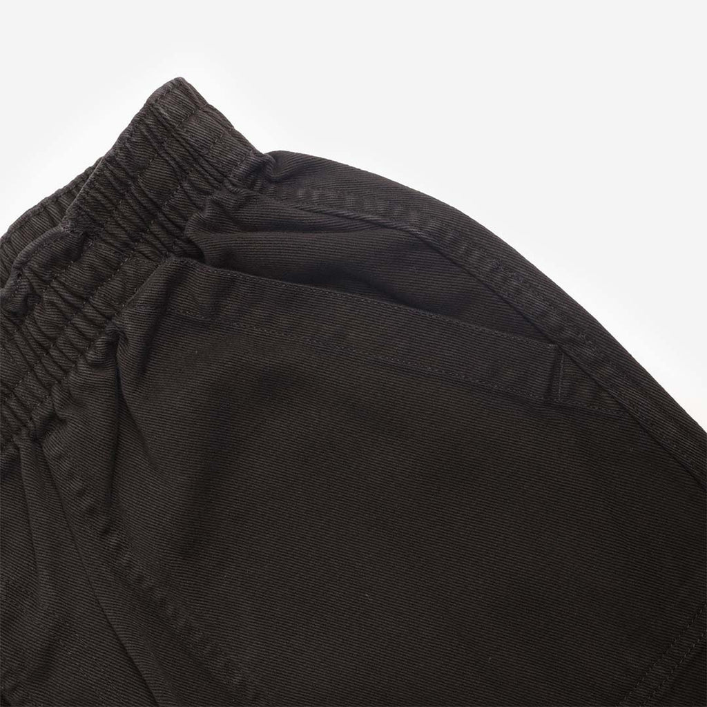 Pexwear Chefs Trousers in Black Twill — front pocket and elasticated drawstring waist detail