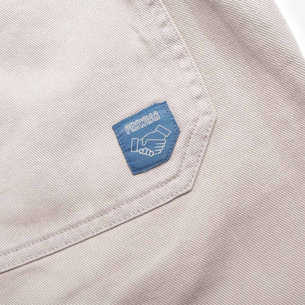 Pexwear Chefs Trousers in Light Grey Twill — hem and leg detail close-up
