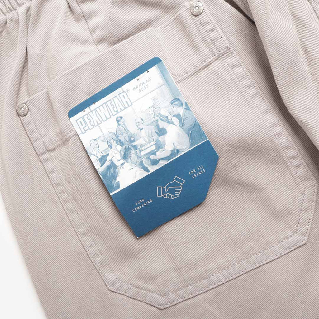 Pexwear Chefs Trousers in Light Grey Twill — styled on model in a workwear setting, Urban Industry