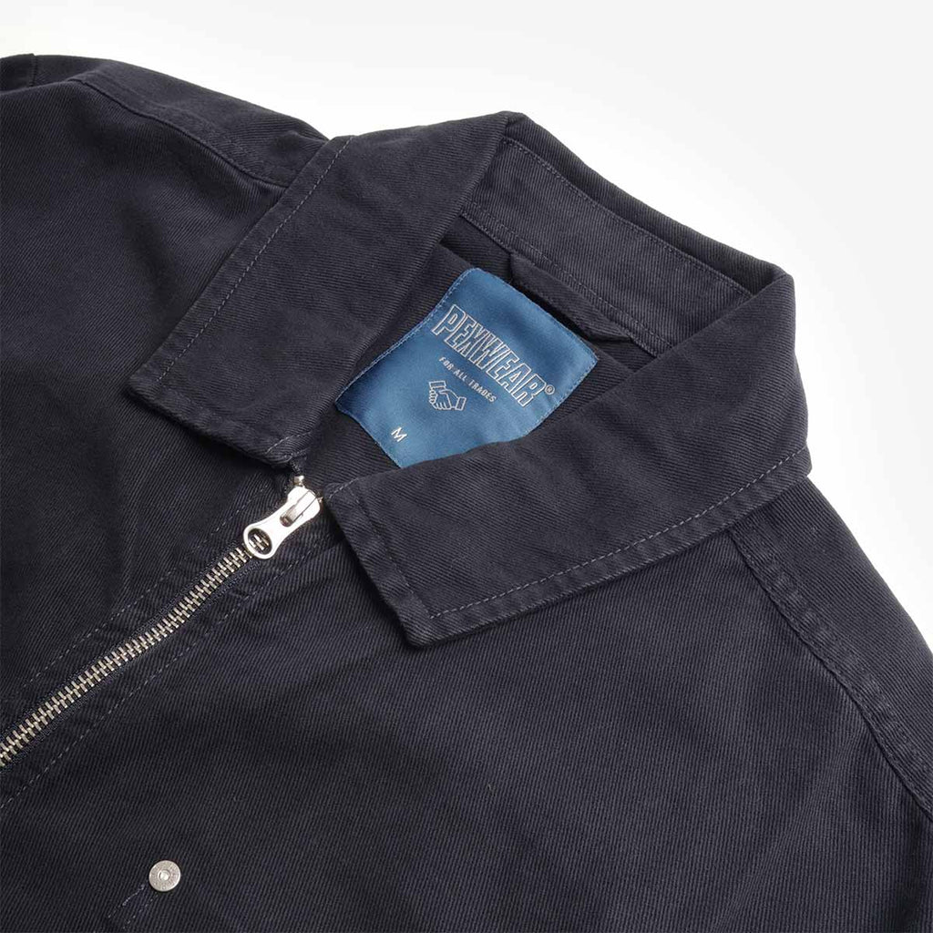 Pexwear Mechanics Jacket in Deep Navy Twill — close-up of the heavyweight cotton twill fabric weave and stitching