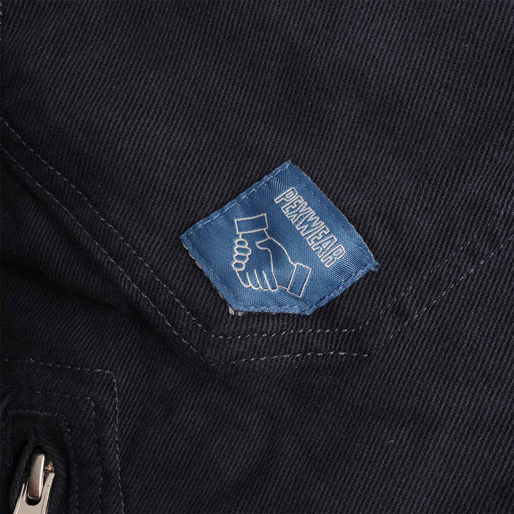 Pexwear Mechanics Jacket in Deep Navy Twill — front pocket and metal hardware close-up