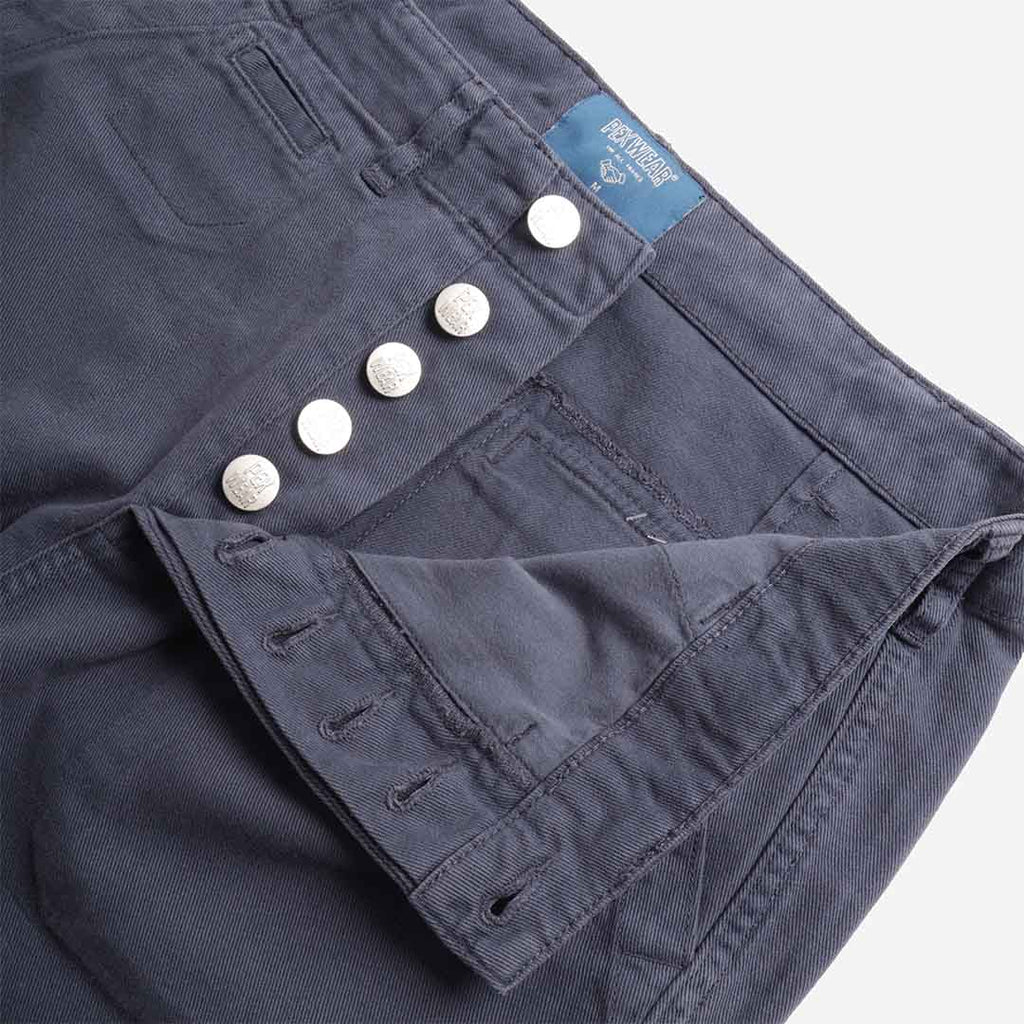Pexwear Stewards Trousers in Blue Twill — close-up of the heavyweight cotton twill fabric weave and stitching