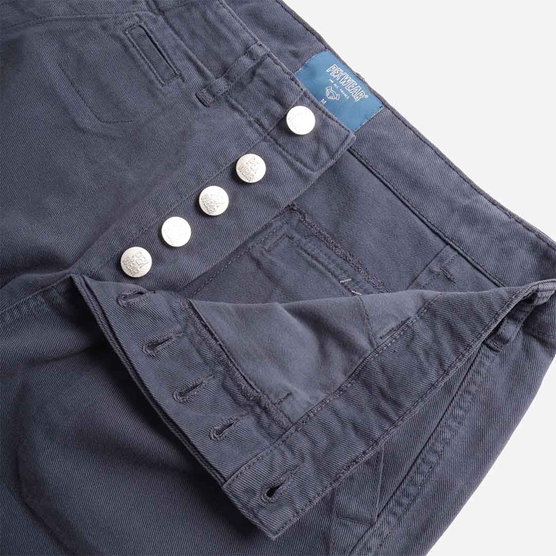 Pexwear Stewards Trousers in Blue Twill — close-up of the heavyweight cotton twill fabric weave and stitching
