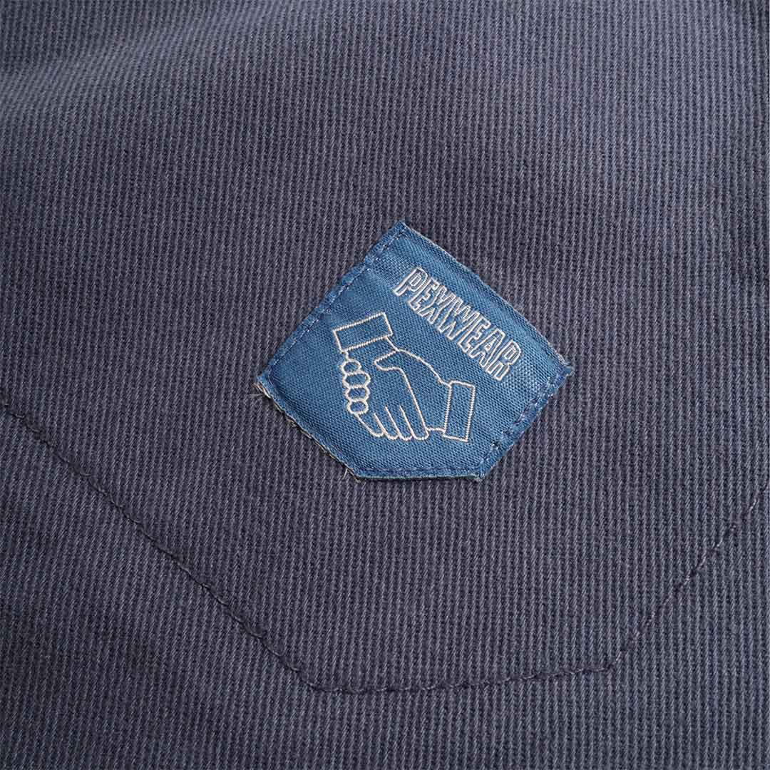 Pexwear Stewards Trousers in Blue Twill — hem and leg detail close-up