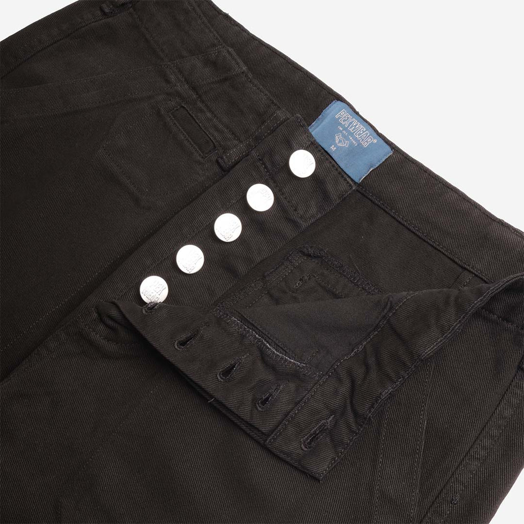 Pexwear Stewards Trousers in Black Twill — front pocket and elasticated drawstring waist detail