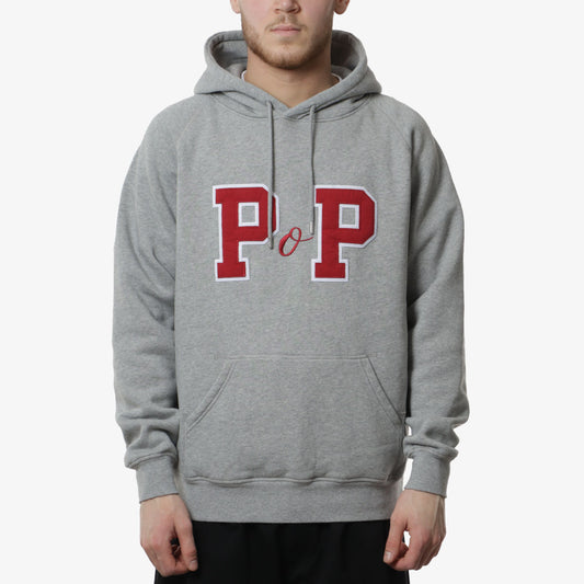 Pop Trading Company College P Hoodie, Grey Heather, Detail Shot 1