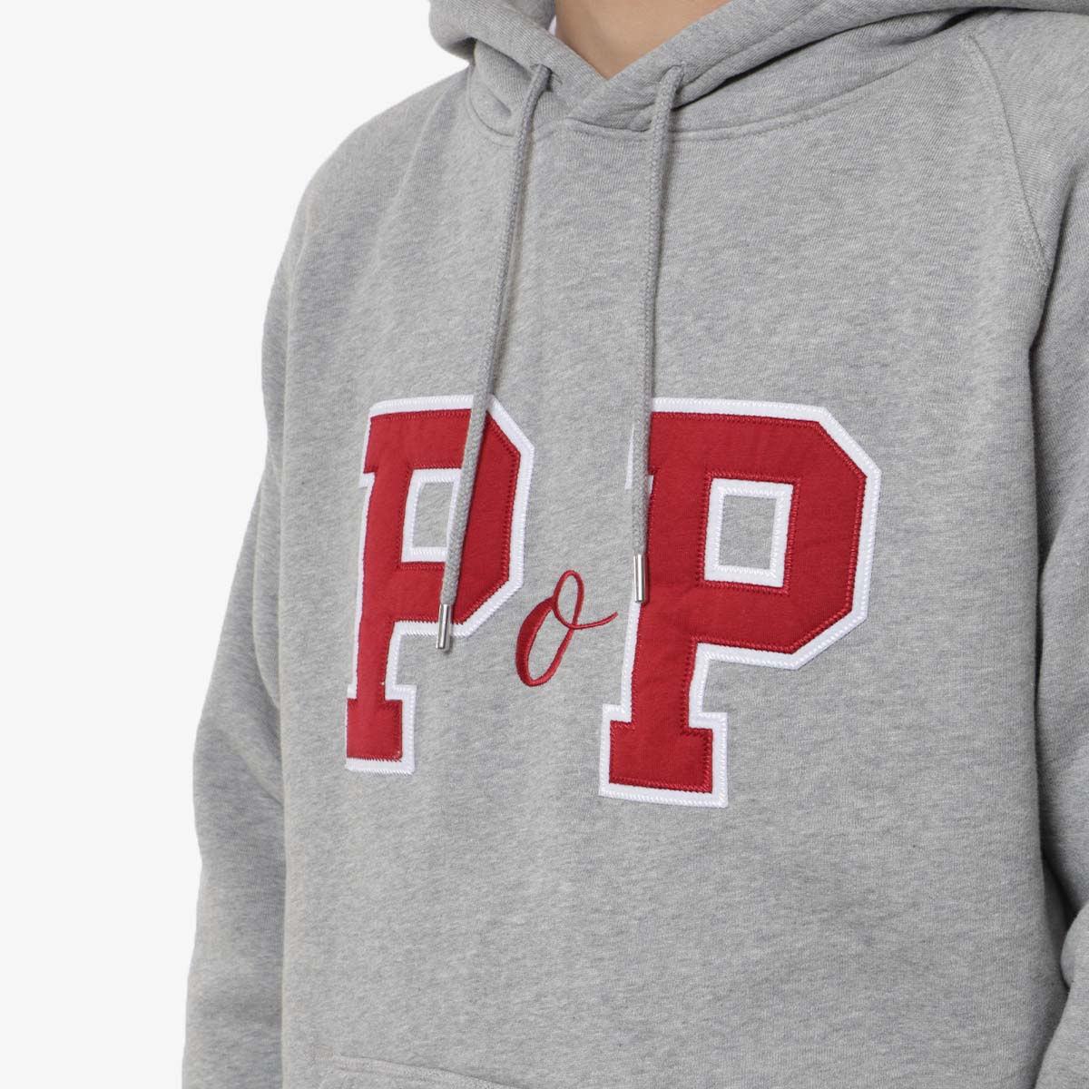 Pop Trading Company College P Hoodie, Grey Heather, Detail Shot 2