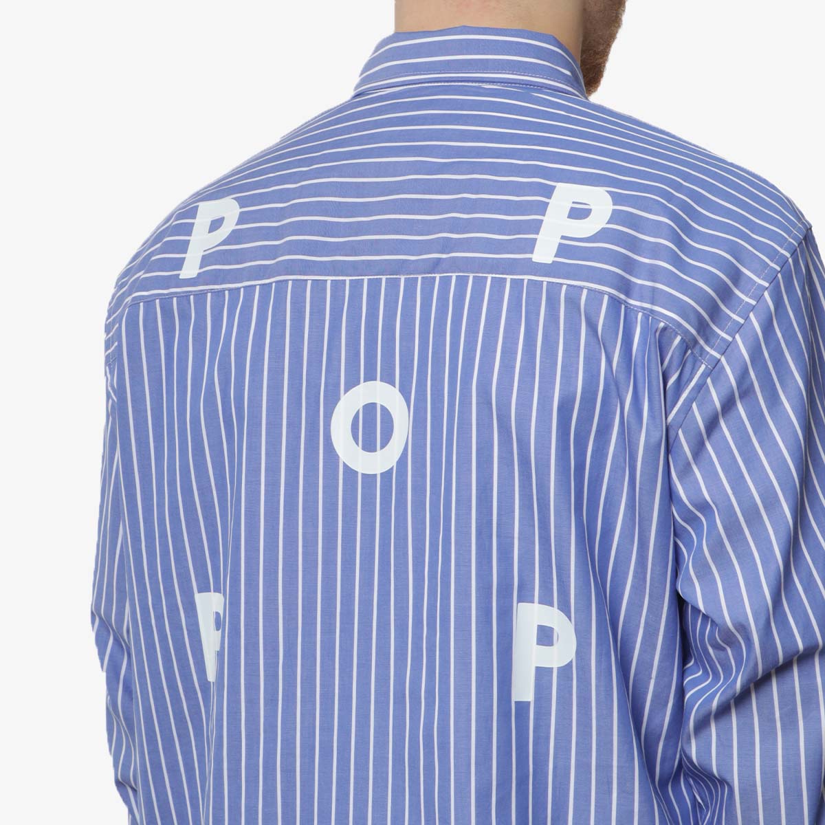 Pop Trading Company Logo Striped Shirt, Blue, Detail Shot 5