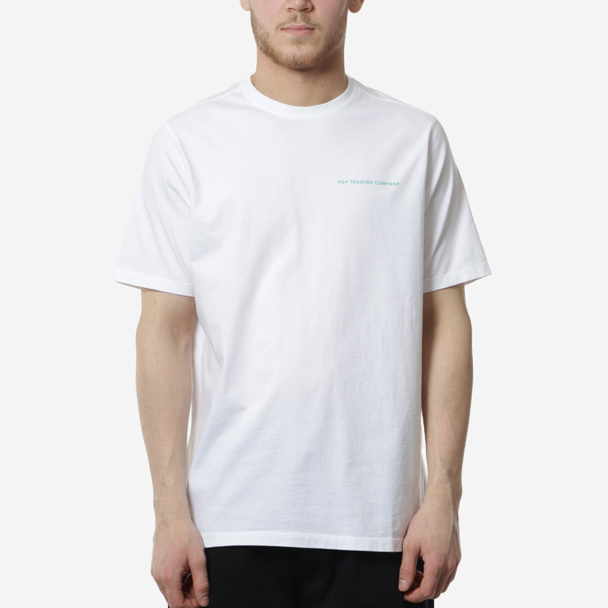 Pop Trading Company Logo T-Shirt, White, Peacock Green, Detail Shot 2