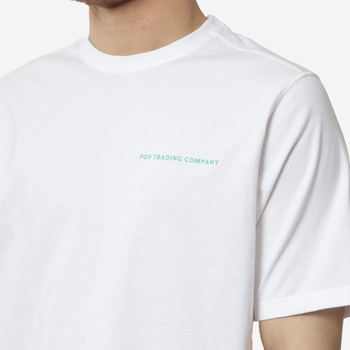 Pop Trading Company Logo T-Shirt, White, Peacock Green, Detail Shot 3